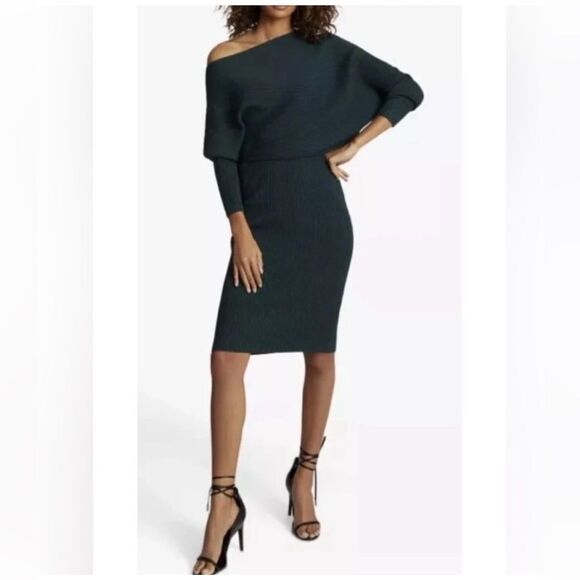 Reiss lara knit dress In Dark Green Size Small Long Sleeve Off Shoulder - Picture 1 of 13